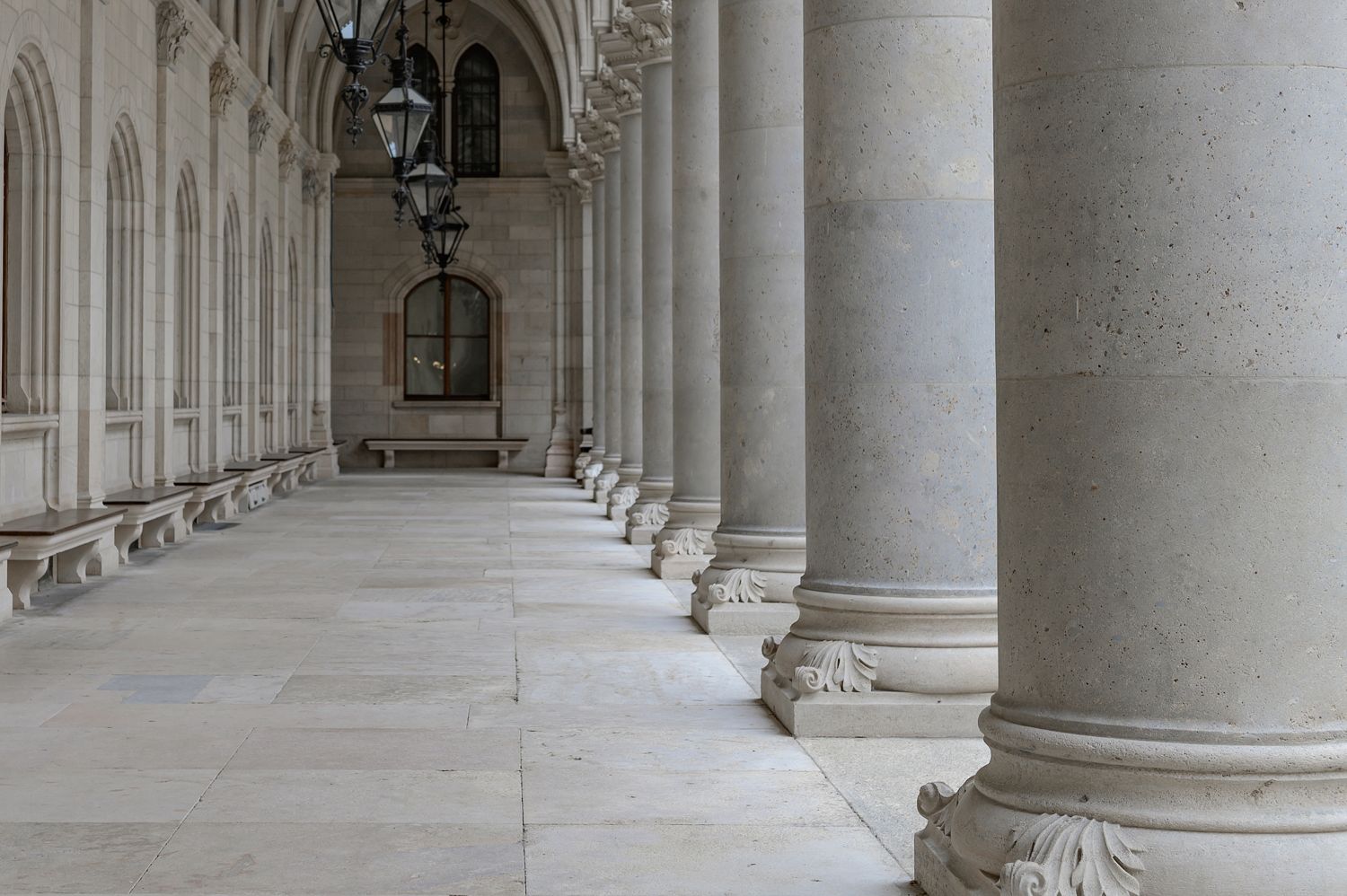 Stone colonnade outside a courthouse